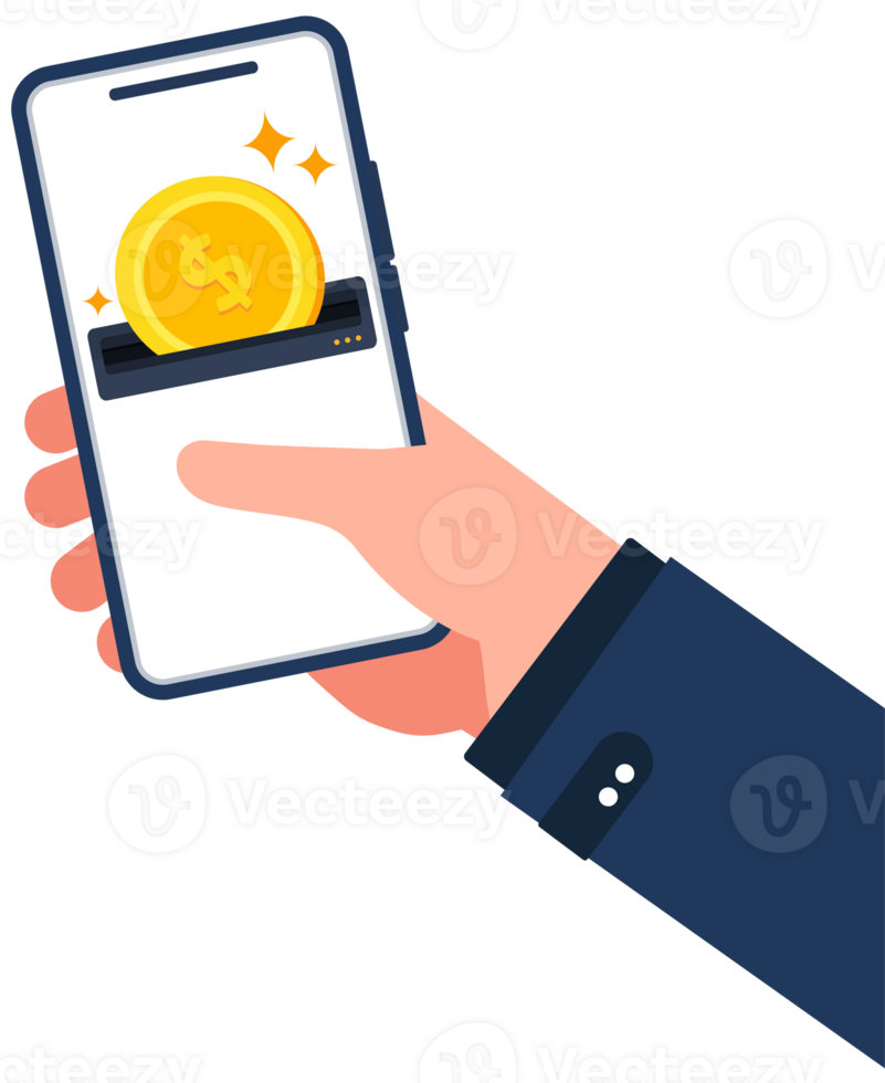 Hand holding mobile phone for mobile banking and online payment. global transactions png