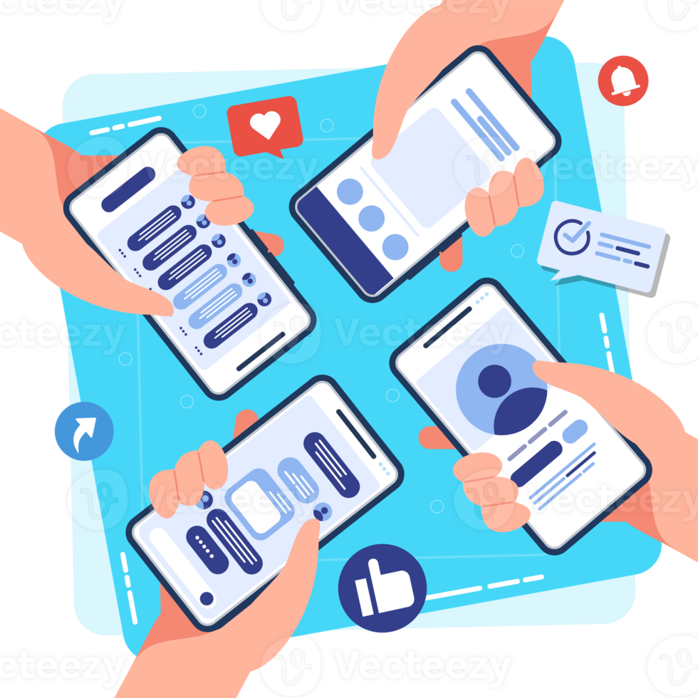 Hand holding mobile phone with Social media app. like, follower, comment. png