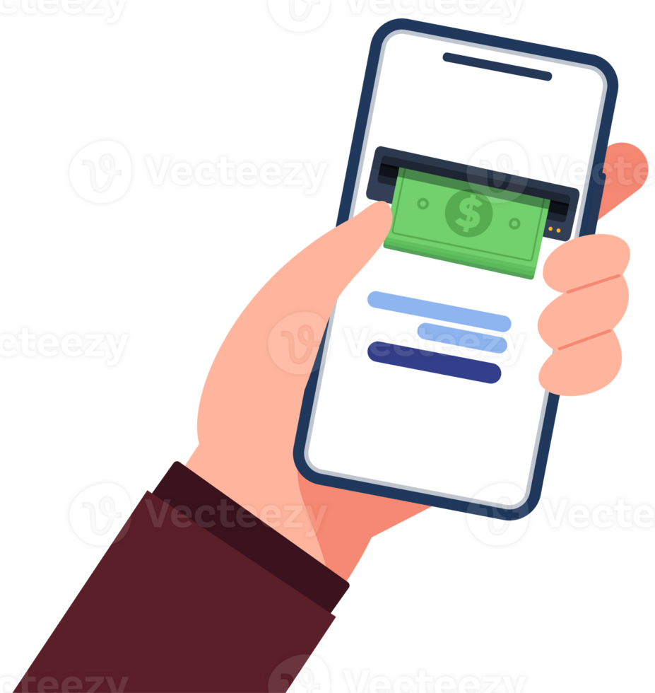 Hand holding mobile phone for mobile banking and online payment. global transactions png