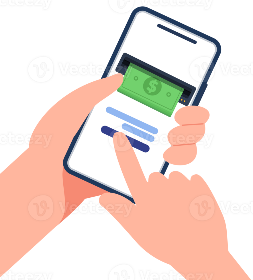 Hand holding mobile phone for mobile banking and online payment. global transactions png