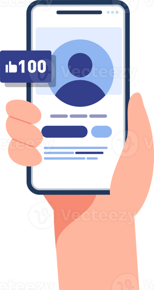 Hand holding mobile phone with Social media app. like, follower, comment. png