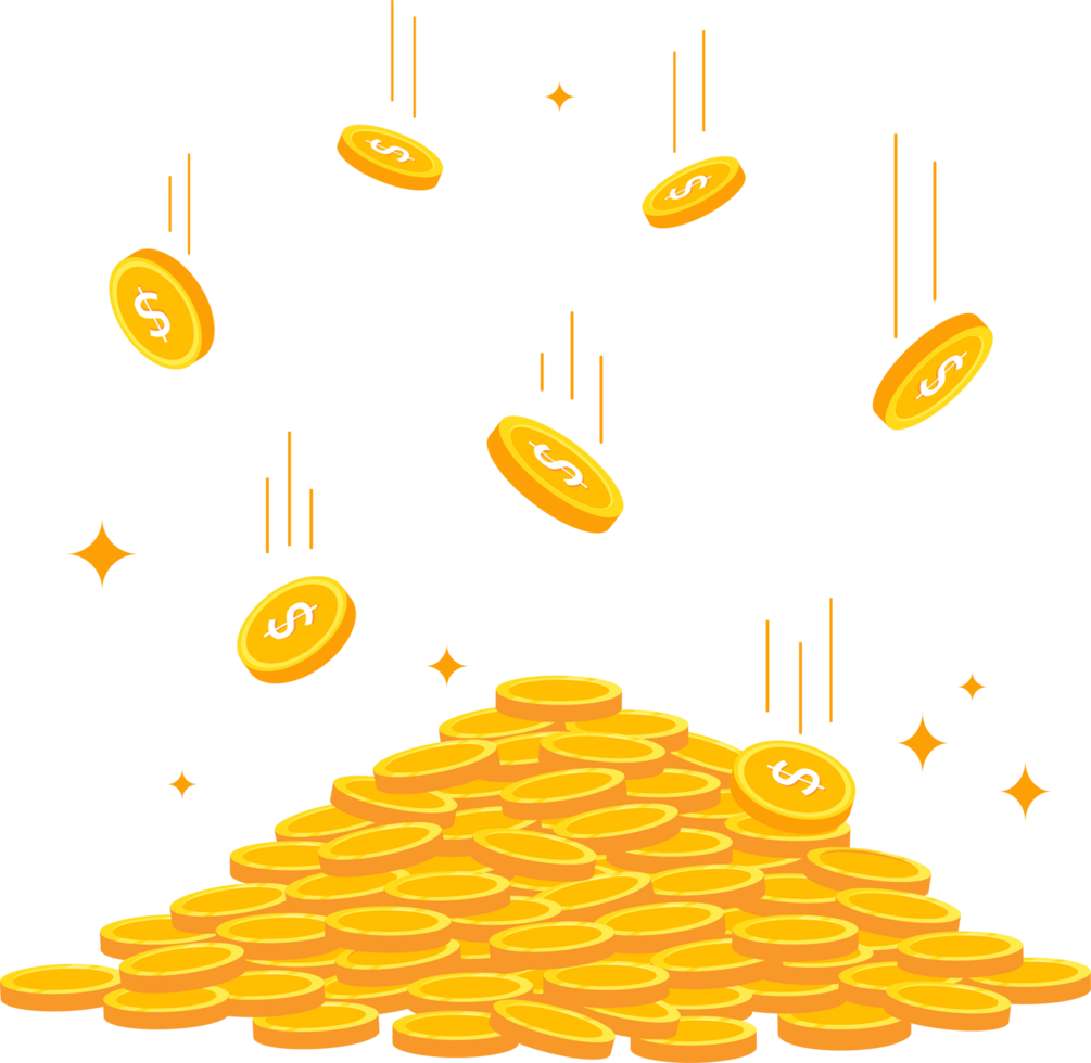 Gold coins falling on piles. Cash money pile.finance concept in flat style png