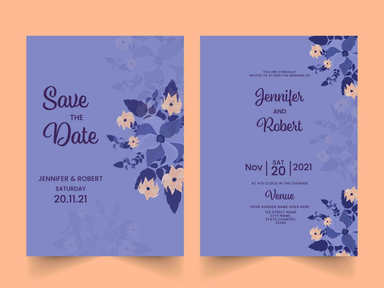 floral Boda invitación tarjeta y salvar el fecha modelo en azul color. vector