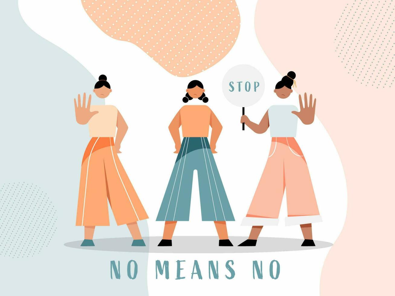 Cartoon Young Girls Protesting With Stop Symbol On Abstract Background For No Means No. vector