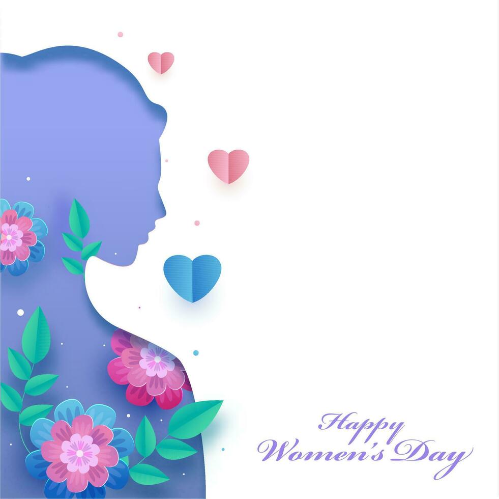 contento De las mujeres día saludo tarjeta con papel cortar hembra rostro, flores, hojas y corazones decorado en blanco antecedentes. vector