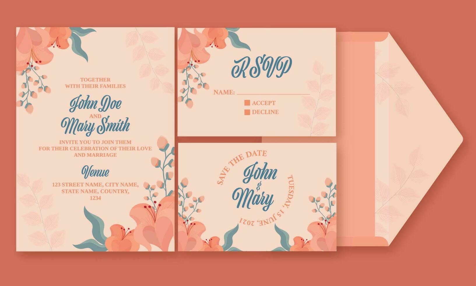 floral Boda invitación tarjeta conjunto con sobre en naranja antecedentes. vector