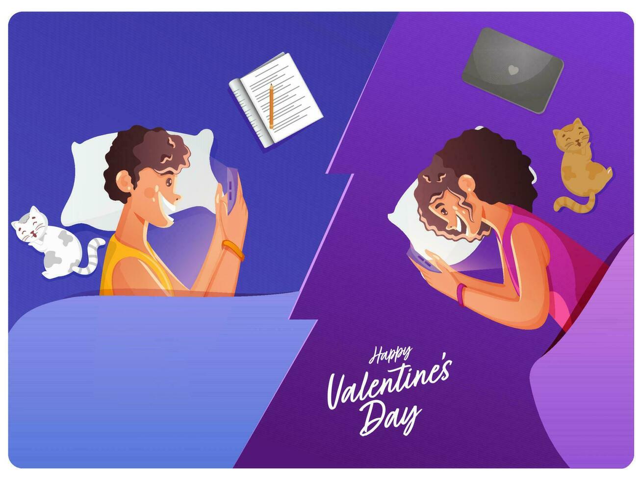 Cheerful Young Couple Talking To Each Other Through Smartphone On The Occasion Of Happy Valentine's Day. vector