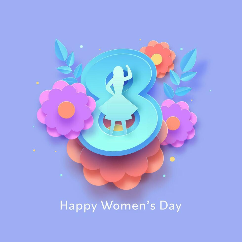 Paper Cut 8 Number With Silhouette Female, Flowers And Leaves Decorated On Blue Background For Happy Women's Day Concept. vector