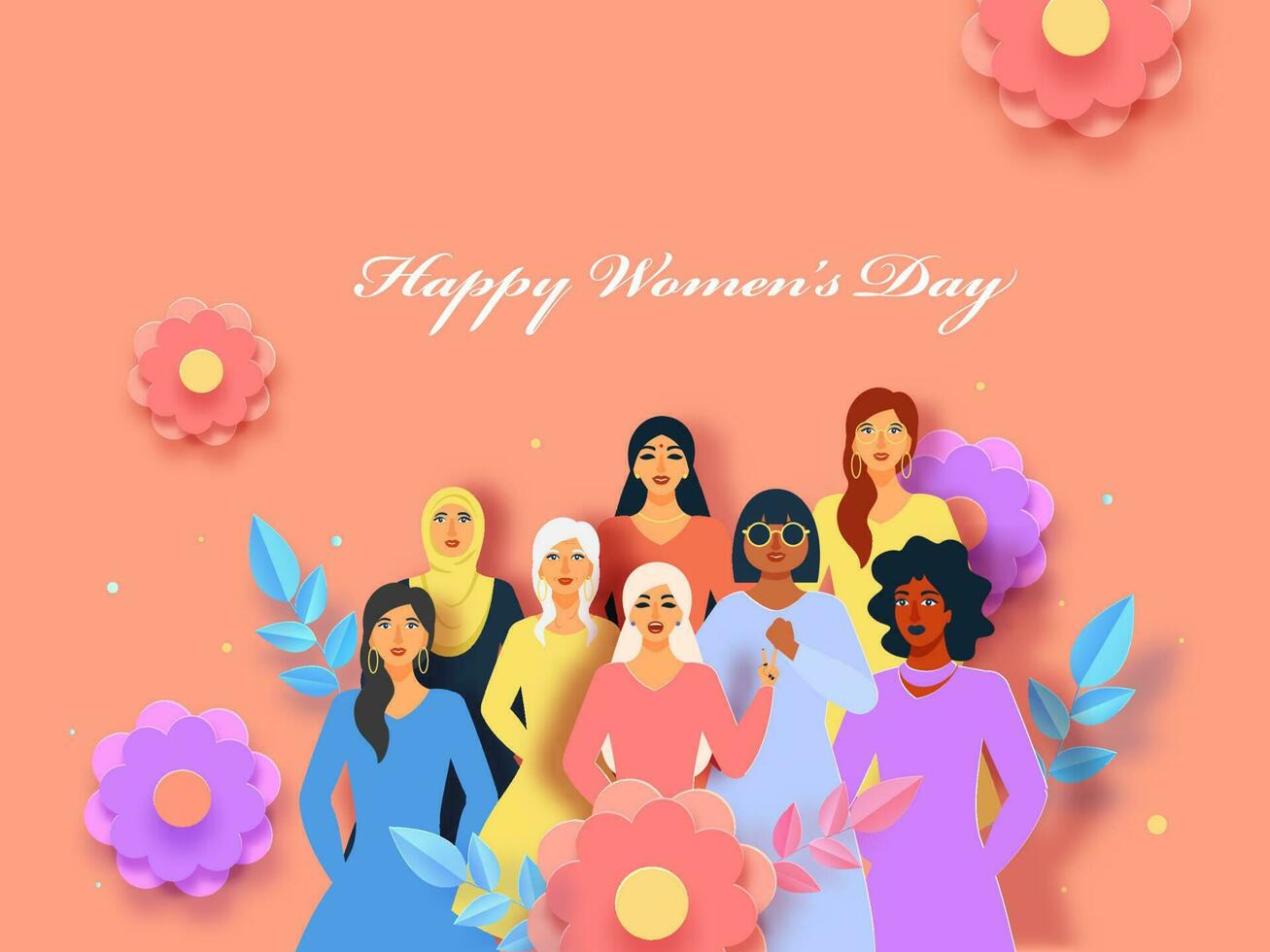 Illustration Of Different Religion Female Group With Paper Flowers, Leaves On Peach Background For Happy Women's Day Concept. vector