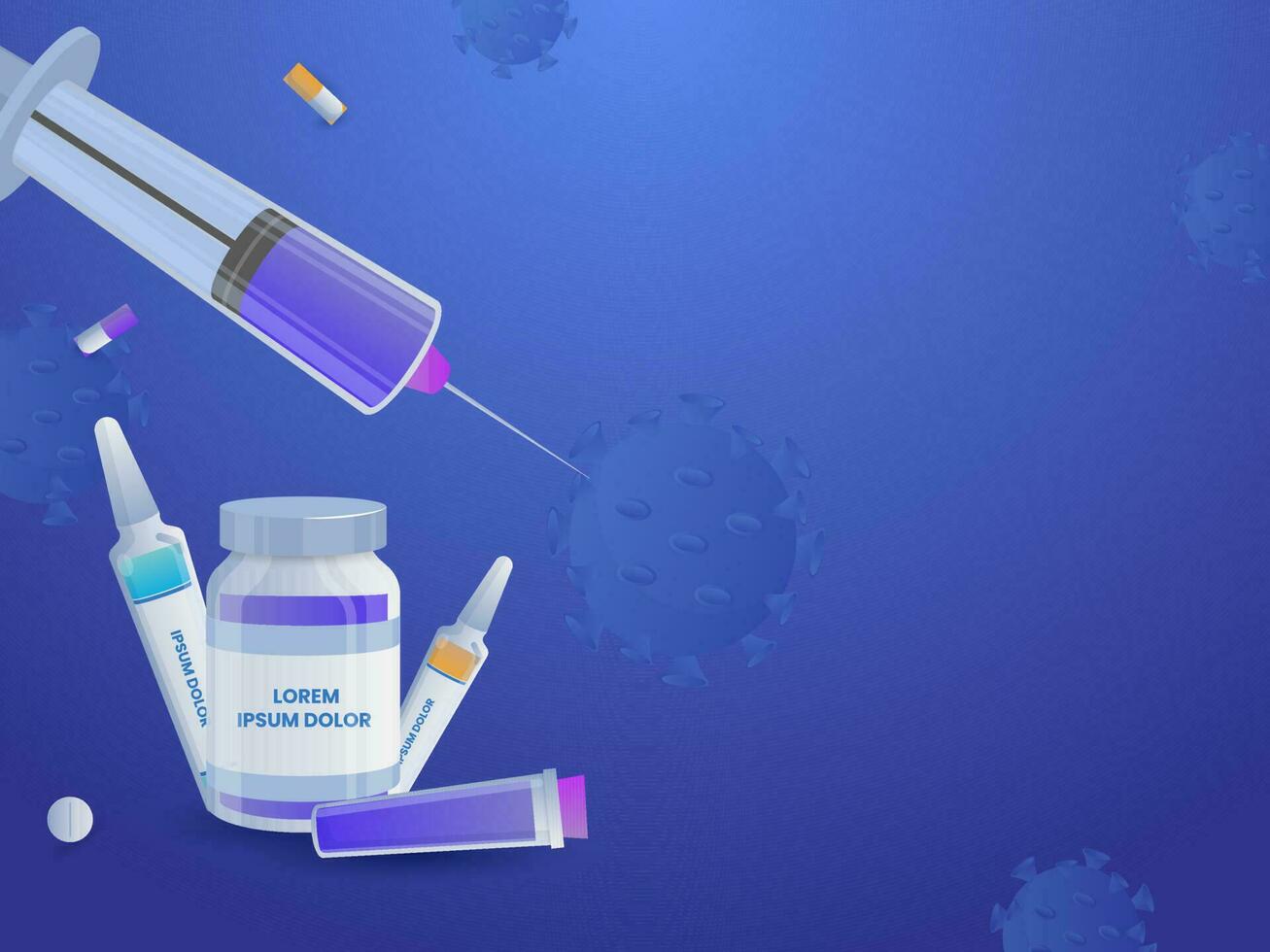 Illustration Of Vaccine Bottles With Syringe, Tablets On Blue Coronavirus Effect Background. vector