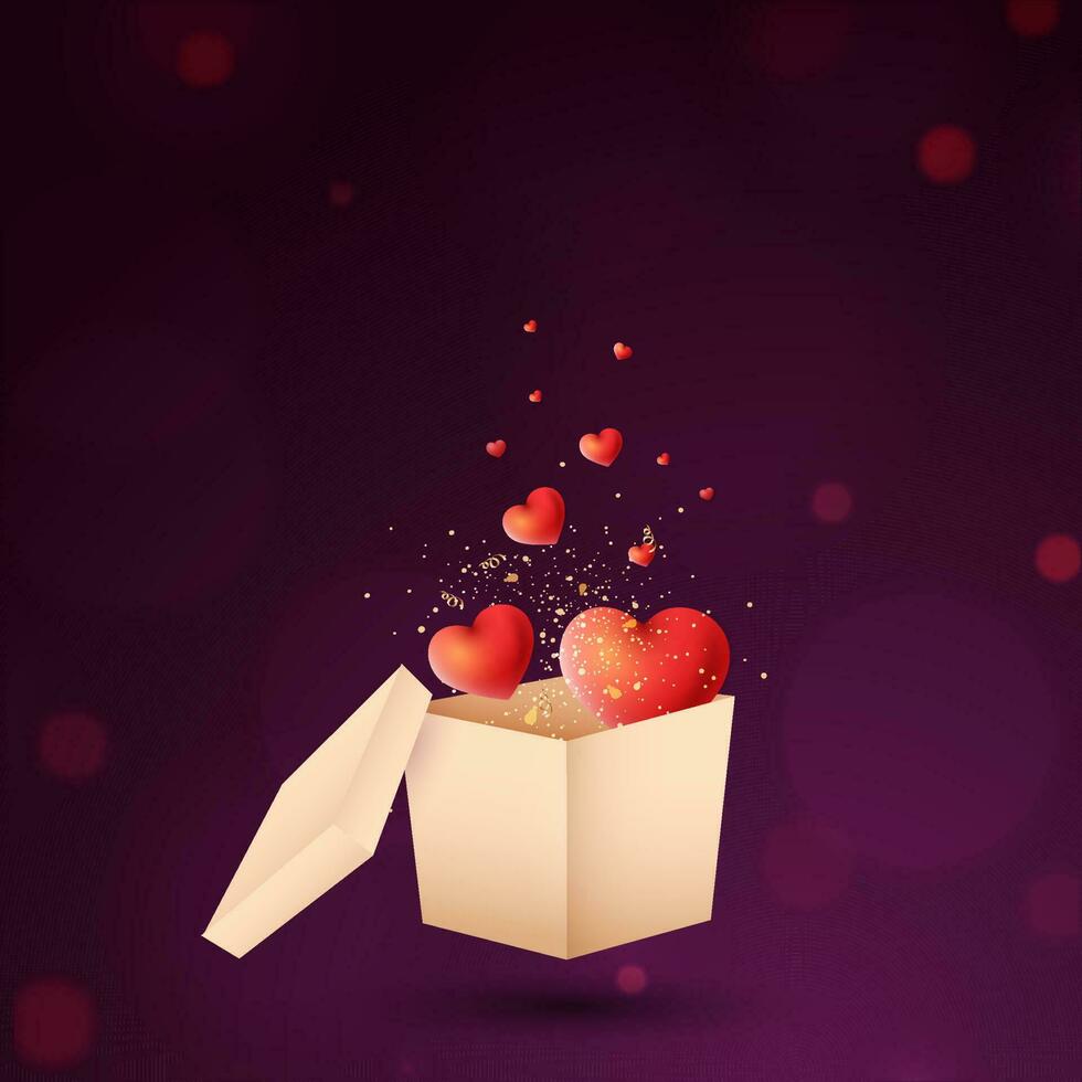 Glossy Red Hearts With Golden Particles Popping Out From 3D Box On Purple Bokeh Background. vector
