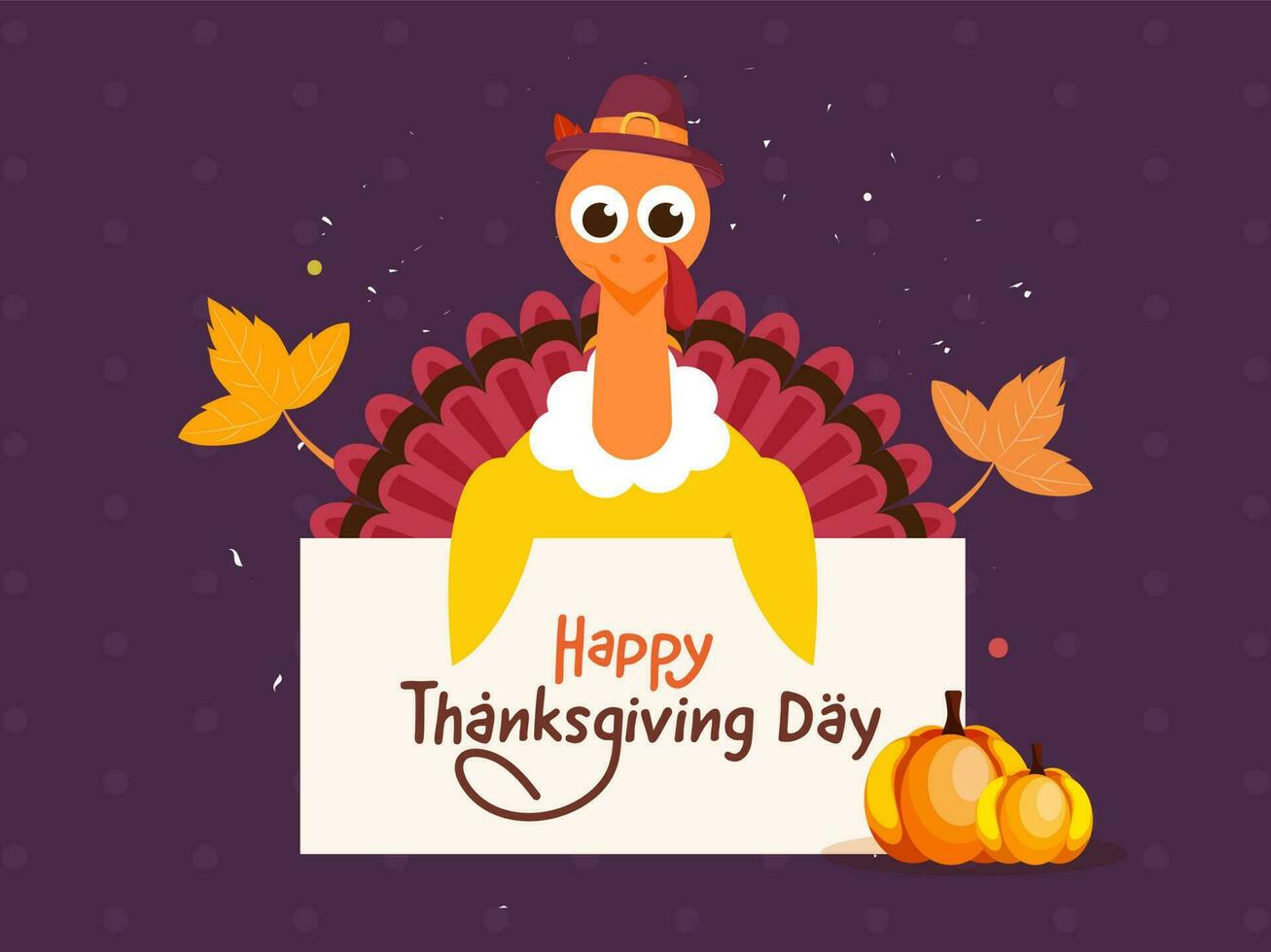 Cartoon Turkey Bird Showing Message Paper Of Happy Thanksgiving Day And Pumpkins On Purple Background. vector