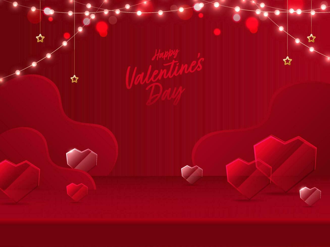 Happy Valentine's Day Font With Crystal Or Glass Hearts, Golden Stars And Lighting Garland On Red Background. vector
