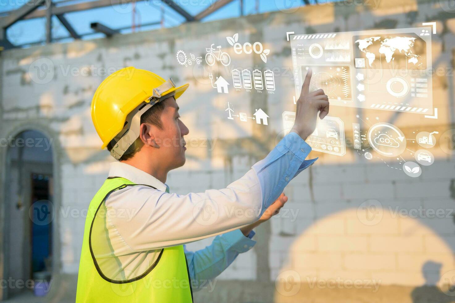 Close up engineering man hand is touching virtual reality Analytics engineering data in a field over construction background photo