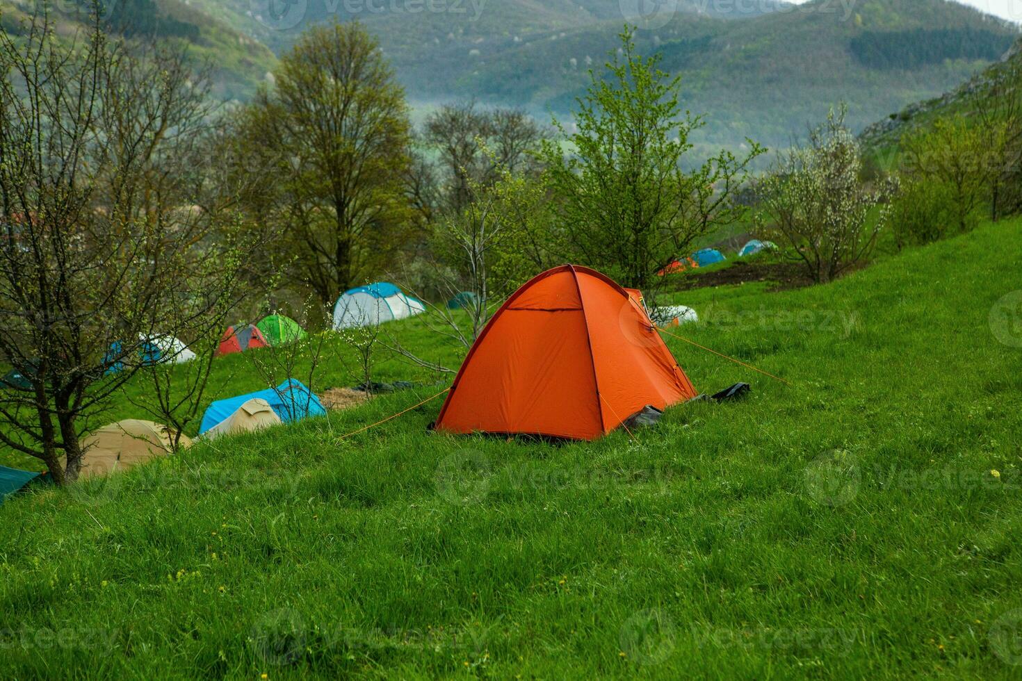 Camping tents on a green meadow in the mountains in spring. Rest with the tent in nature photo