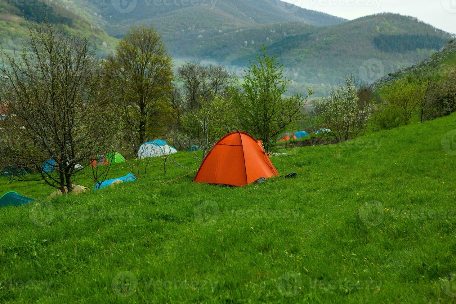 Camping tents on a green meadow in the mountains in spring. Rest with the tent in nature photo