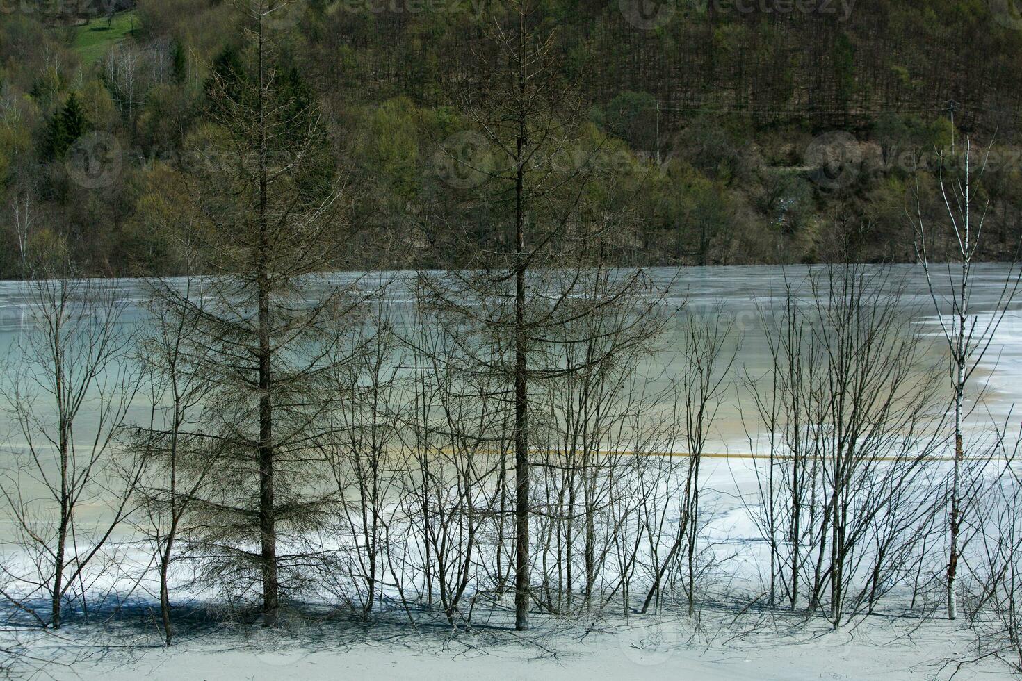 A lake contaminated with toxic waste in the western mountains of Romania. Nature pollution from copper mine. Ecological catastrophe or Environmental disaster photo