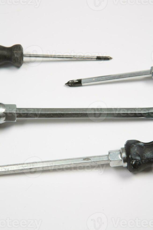 Set of tools for repair in a case on a white background. Assorted work or construction tools. Wrenches, Pliers, screwdriver. Top view photo