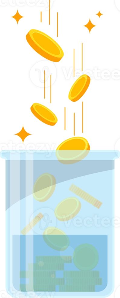 Glass money jar full of gold coins. Save dollar coins in moneybox png