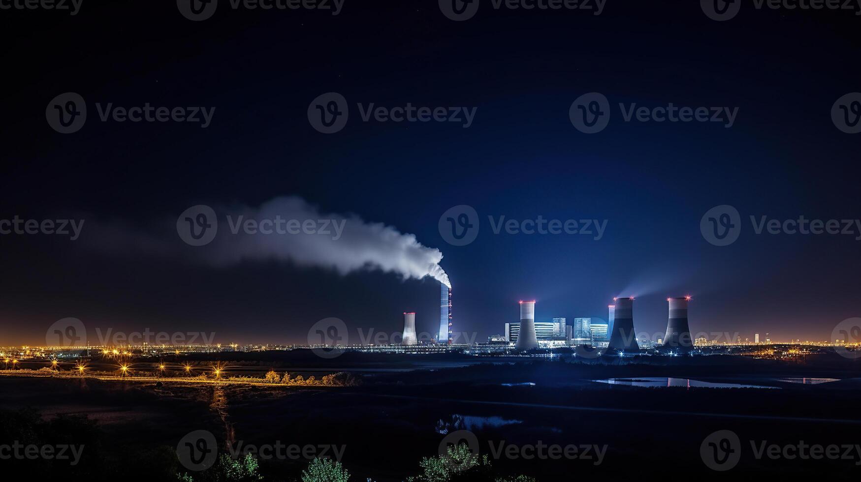 A large brown coal power station with night blue sky and steam, photo