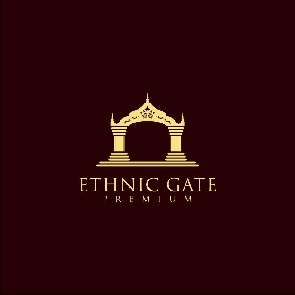 Gold luxury ancient gate logo design on red background vector