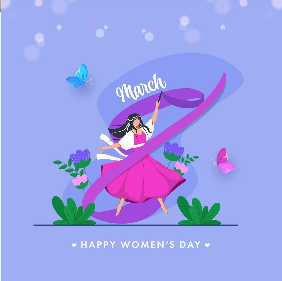 Womens Day Greeting Card Design with Illustration of a Young Cheerful Girl and Colorful Flowers and Butterflies. vector