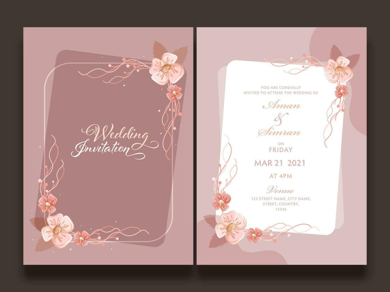 Boda invitación modelo diseño decorado con floral en frente y espalda vista. vector