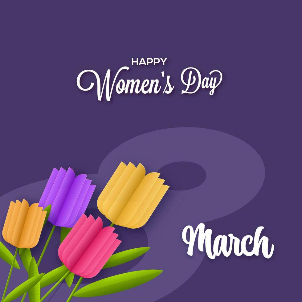 Happy Womens Day Greeting With Text 8 March and Colorful Paper Flowers. vector