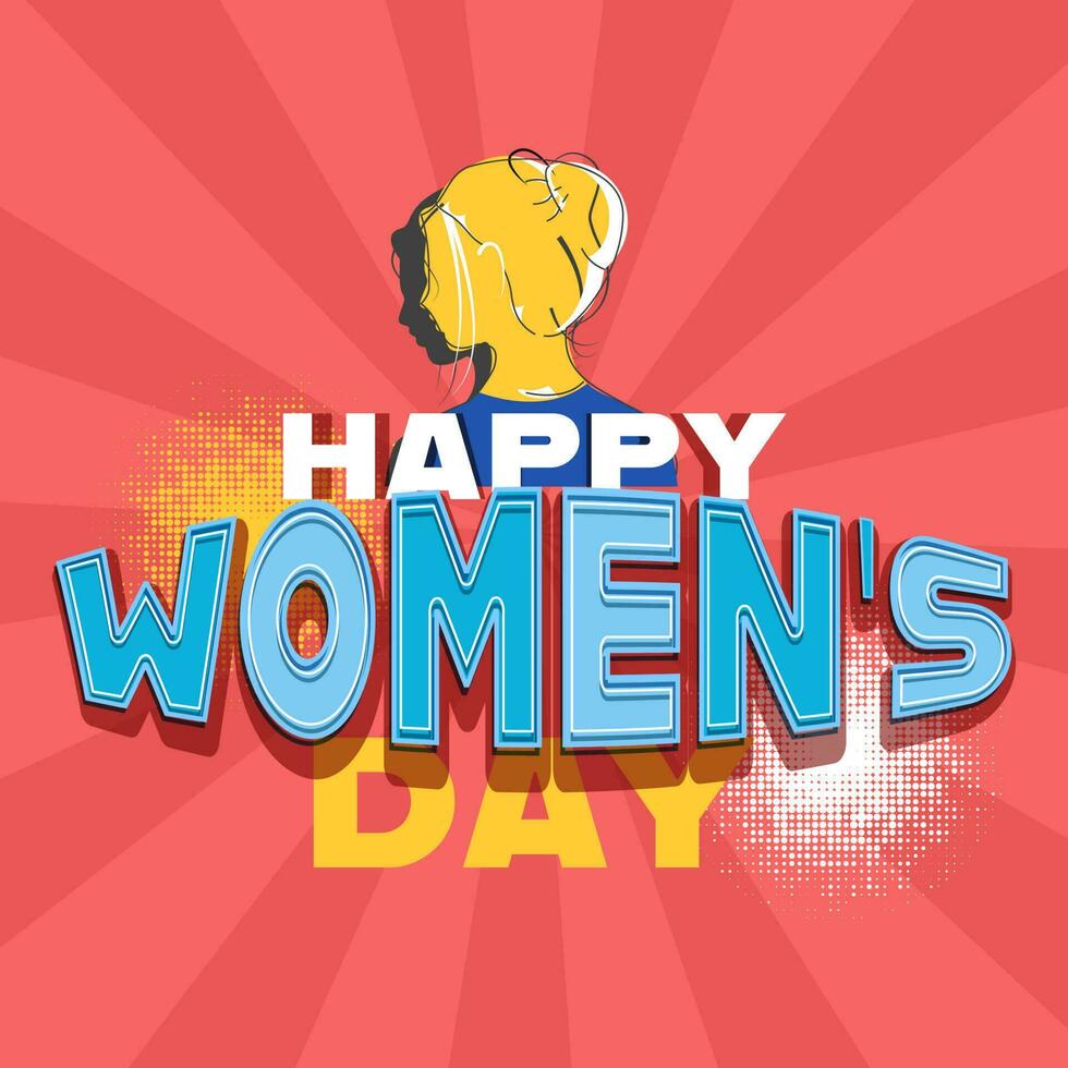 Happy Women's Day Text With Paper Cut Female Face And Halftone Effect On Red Rays Background. vector