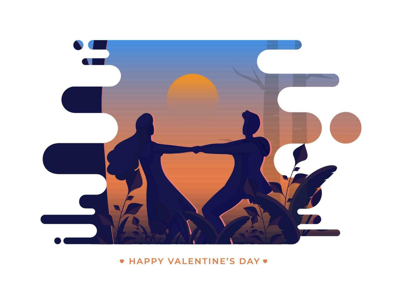 Happy Valentine's Day Concept With Silhouette Couple Doing Dance On Abstract Sunset Or Sunrise Background. vector