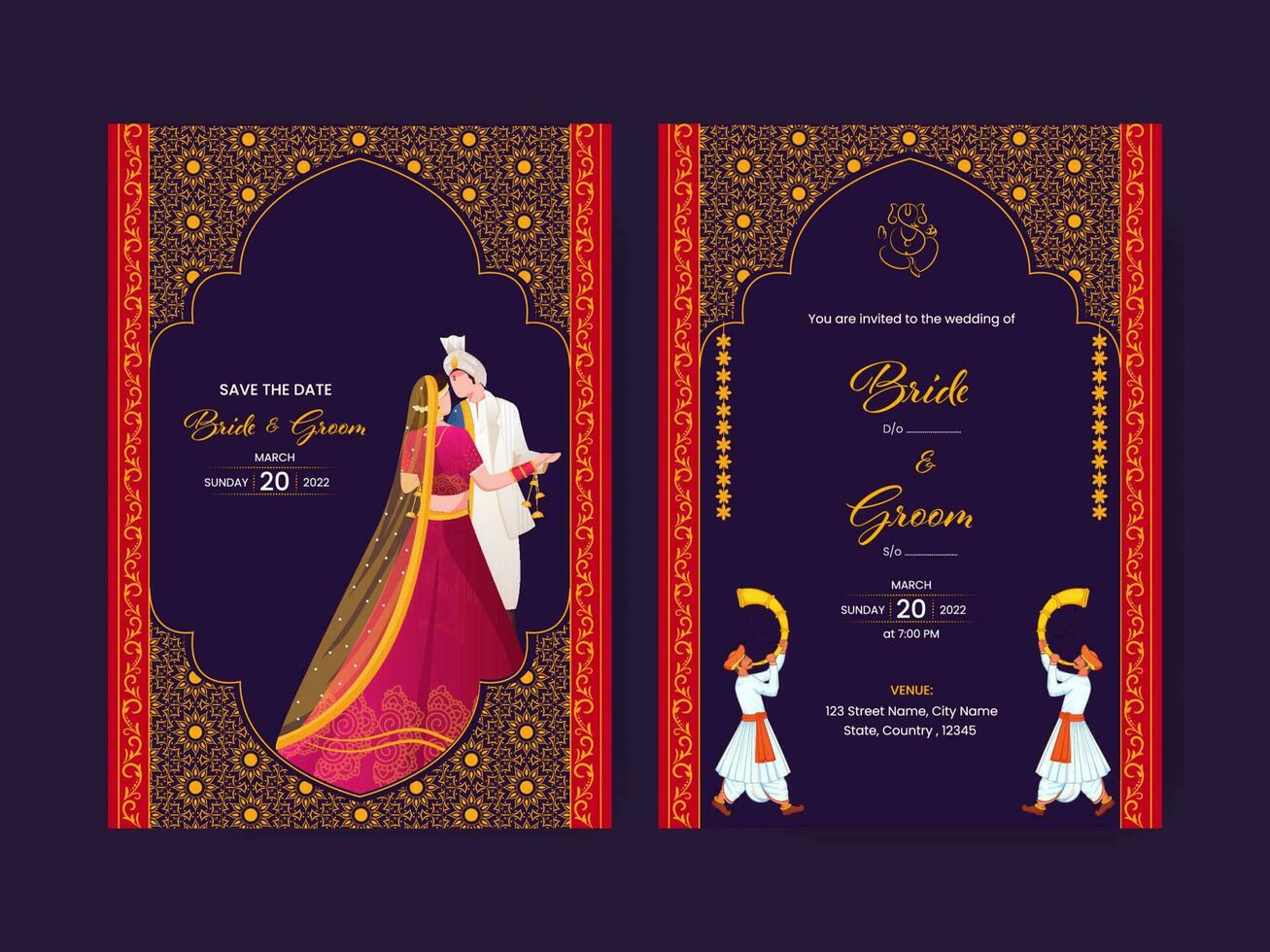 Floral Wedding Invitation Card With Indian Bridegroom Character And Event Details. vector