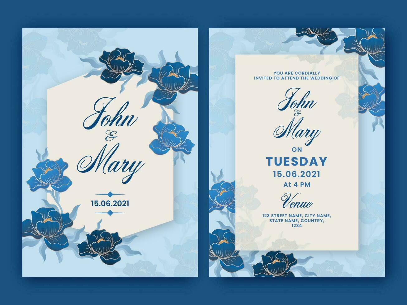 Floral Wedding Invitation Card With Venue Details In Front And Back Side. vector