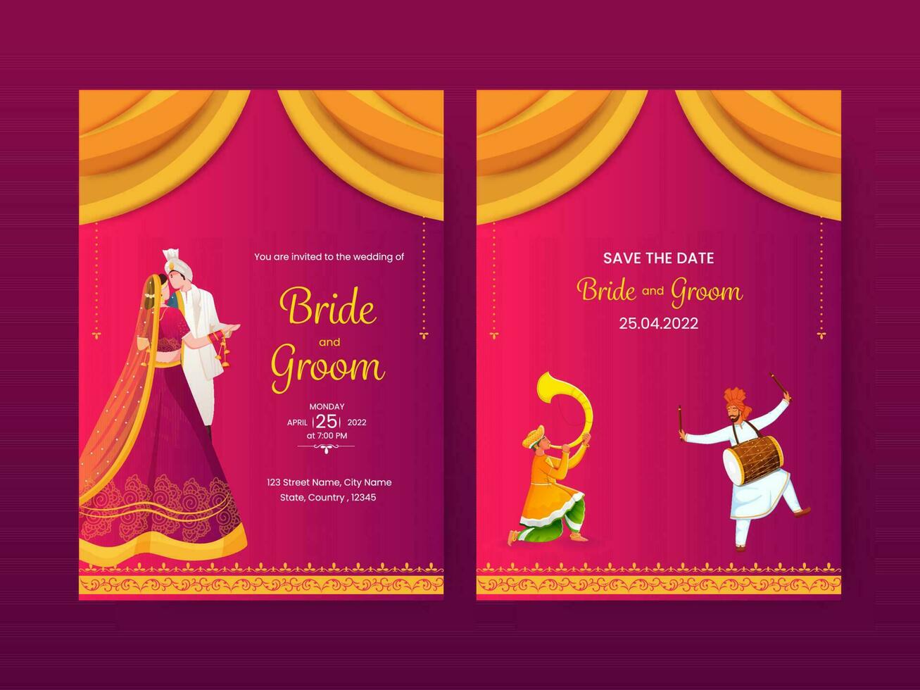 Indian Wedding Card Template Design With Event Details In Pink And Golden Color. vector