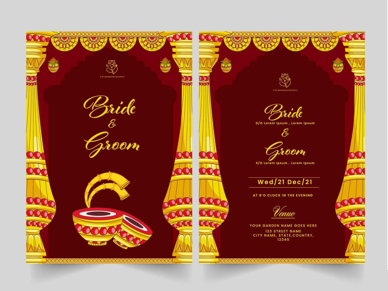 Indian Wedding Card Template Design With Venue Details In Dark Red And Yellow Color. vector