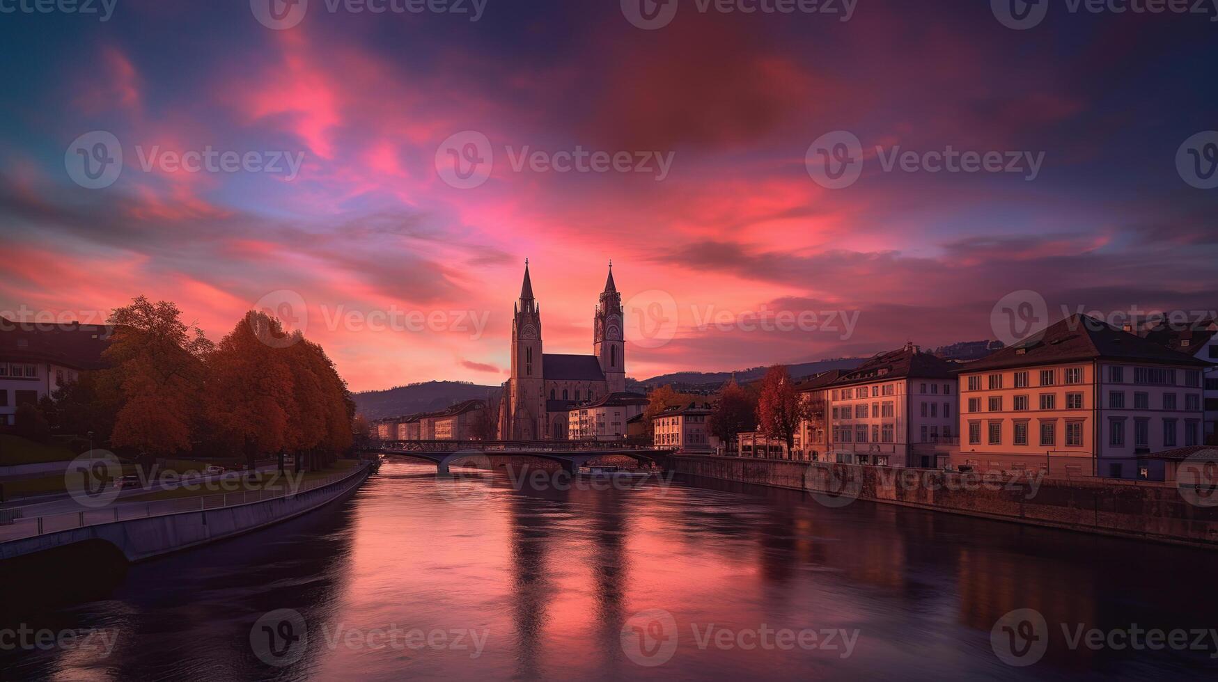 Cityscape image of Zurich with colorful sky, during dramatic sunset, photo