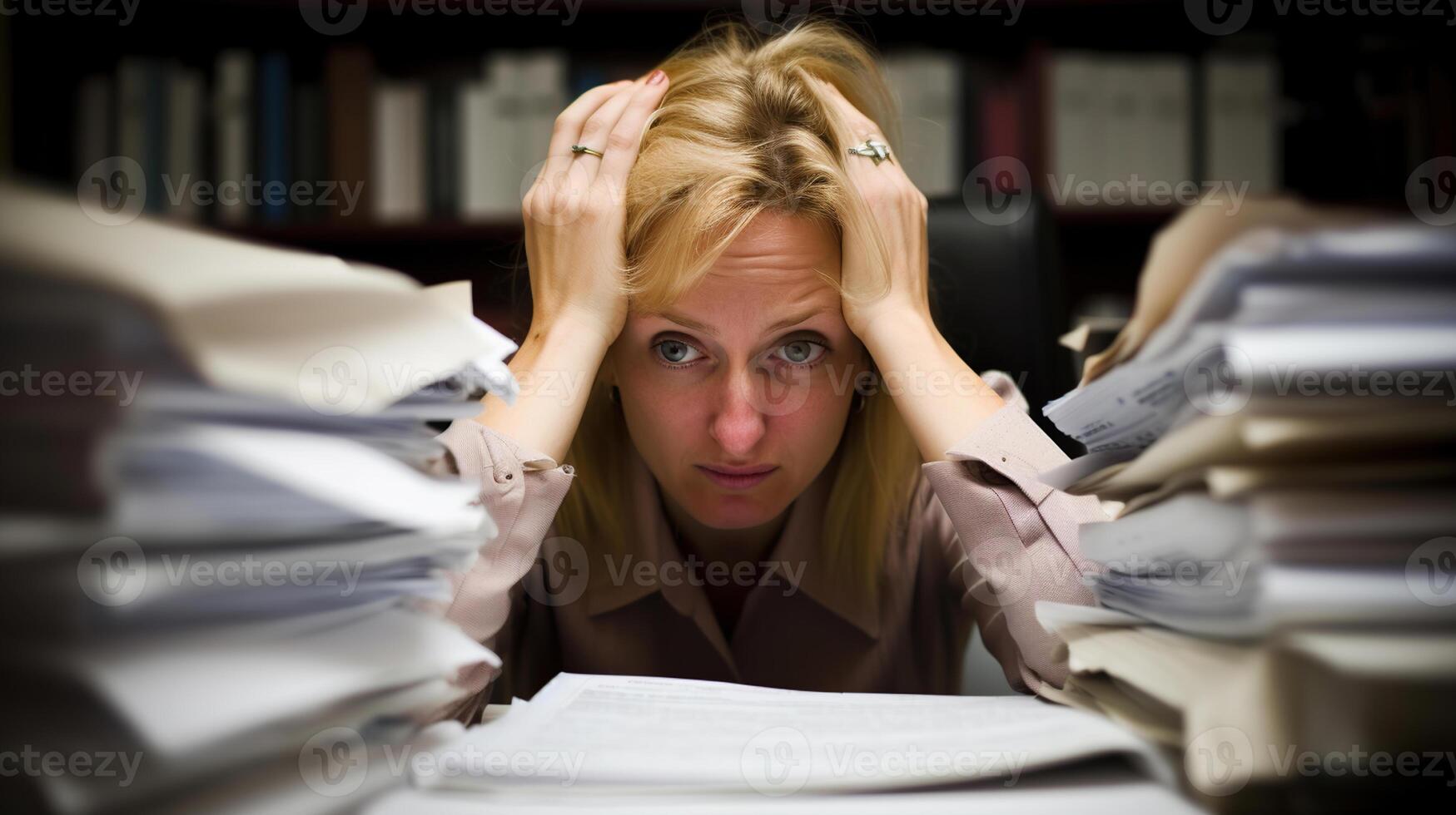 Desperate office worker overwhelmed with paperwork, photo