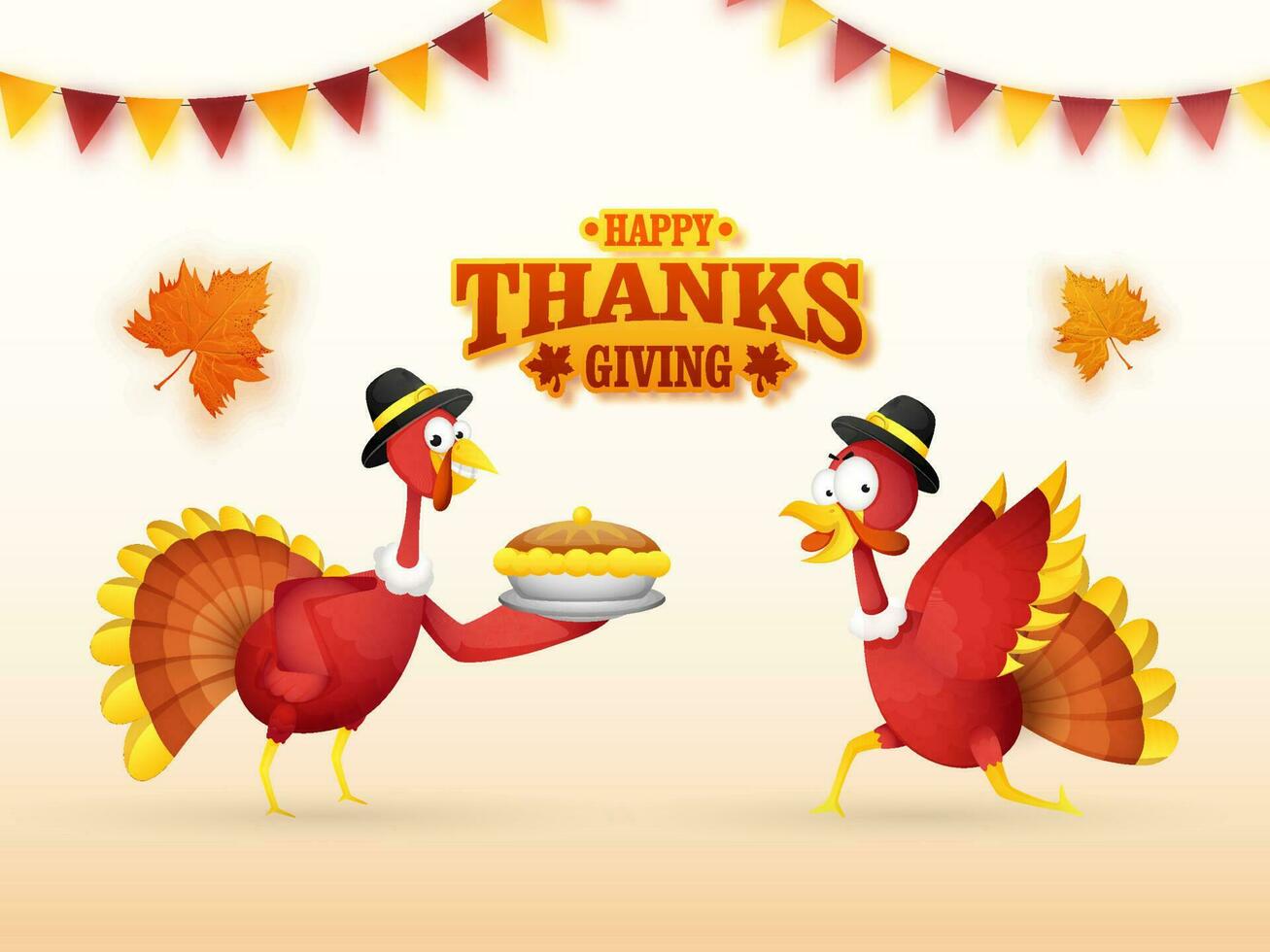 Cartoon Turkey Birds Enjoying With Pie Cake On The Occasion Of Happy Thanksgiving Day. vector