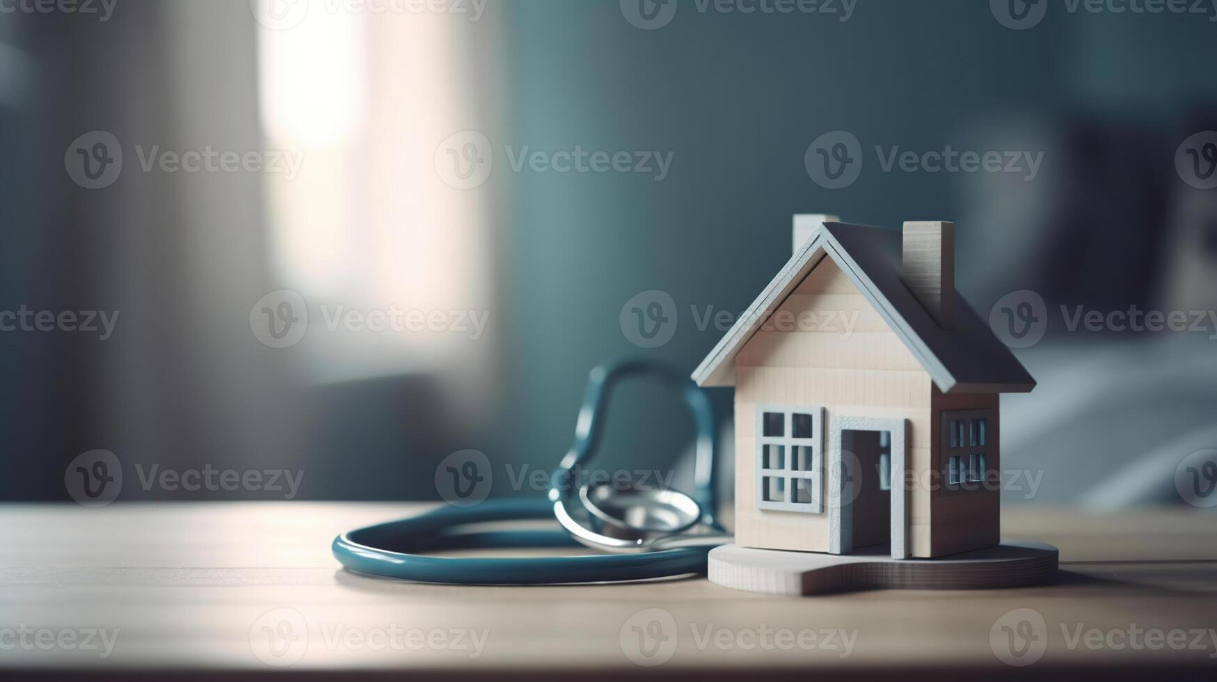 House check. miniature house and stethoscope, blue baground, photo
