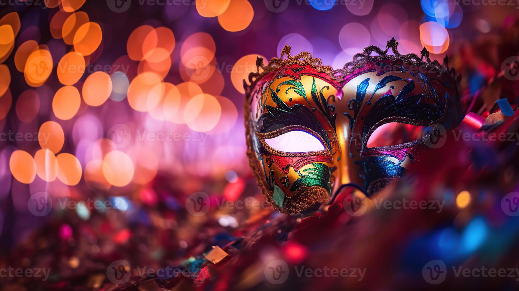 Carnival Party - Venetian Mask With Abstract Defocused Bokeh Lights And Shiny Streamers - Masquerade Disguise Concept, photo