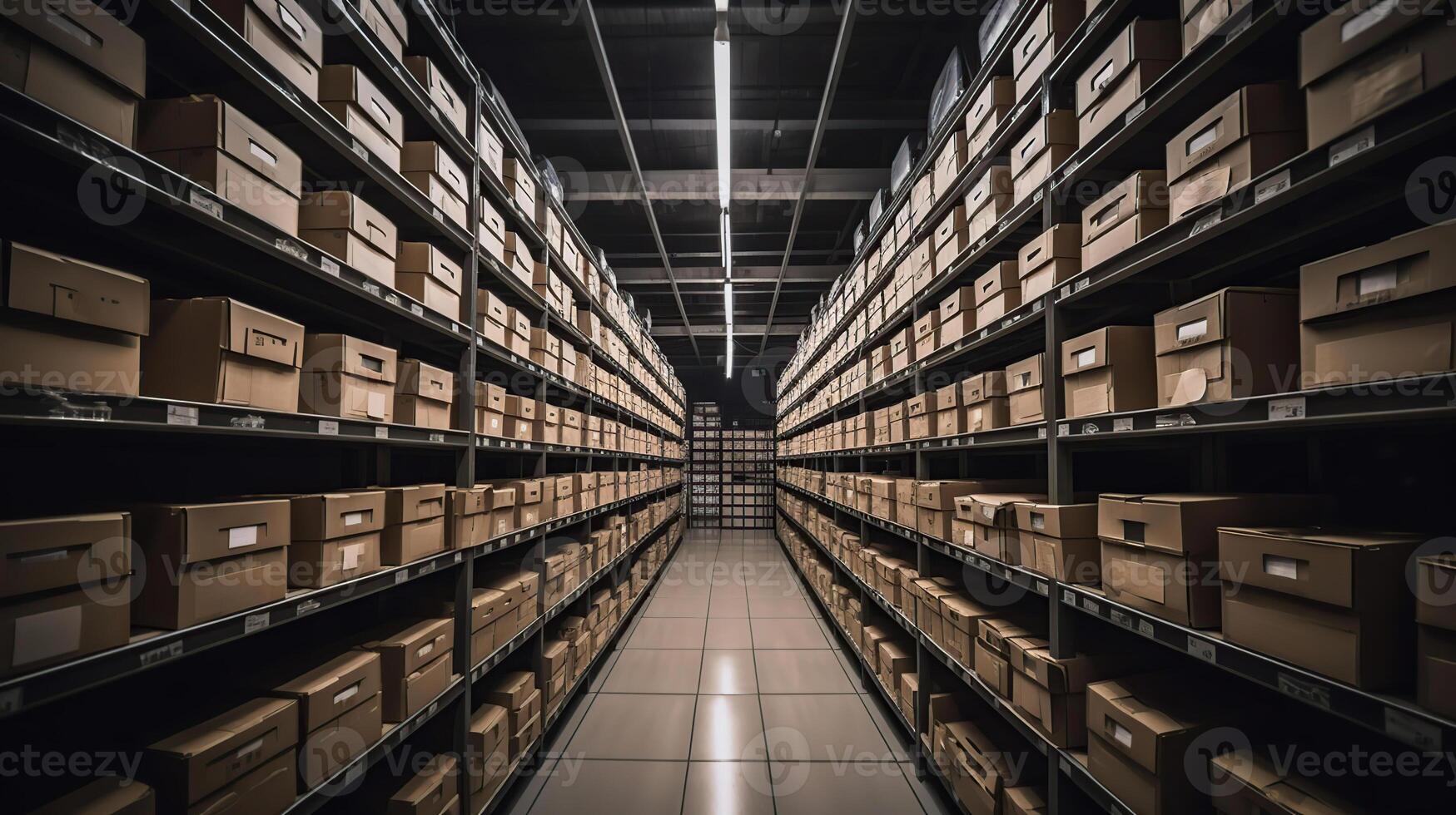 Rows of shelves with goods boxes in modern industry warehouse store at factory warehouse storage, photo