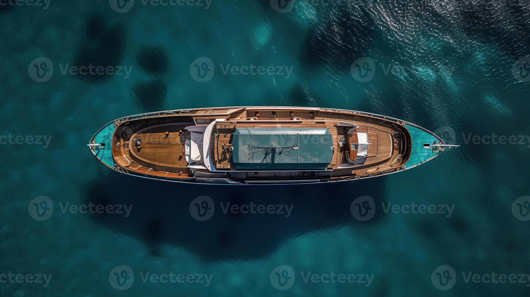 Aerial drone top down photo of luxury yacht nose with wooden deck anchored ,