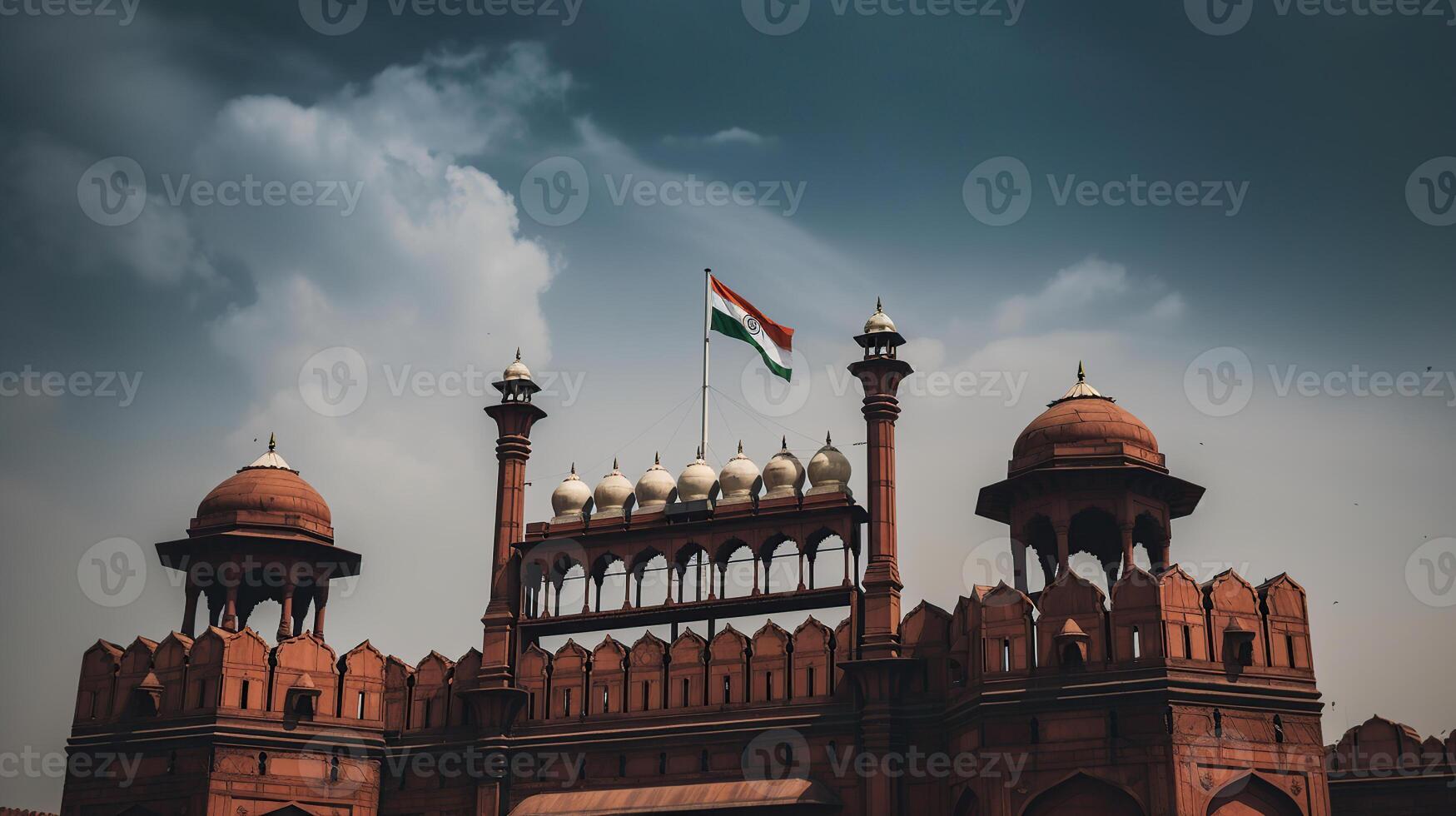 rojo fuerte Delhi India con India bandera volador alto, generativo ai foto