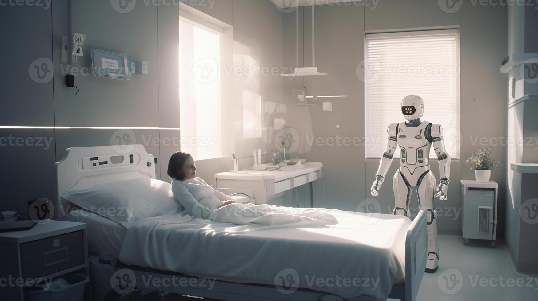 A smiling middle-aged patient lying on a bed. there is a robot as a doctor. cinematic light, photo