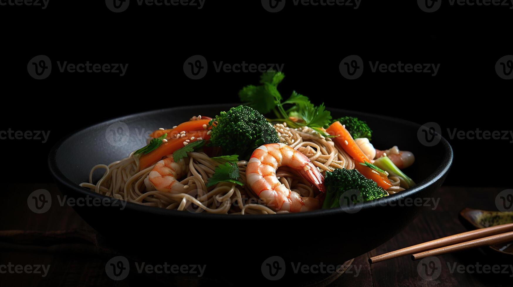 Stir fry noodles with beef and vegetable in black bowl. asian style food, photo