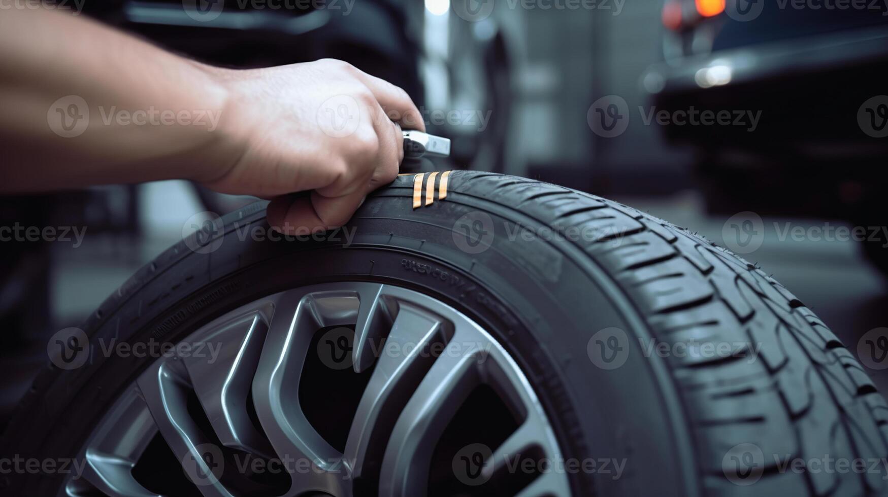 Mechanic checking tire tread depth and wear using a tire gauge, photo