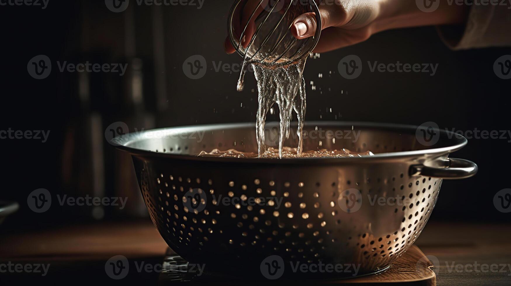 Woman pouring water from boiled spaghetti into colander in sink, closeup, photo