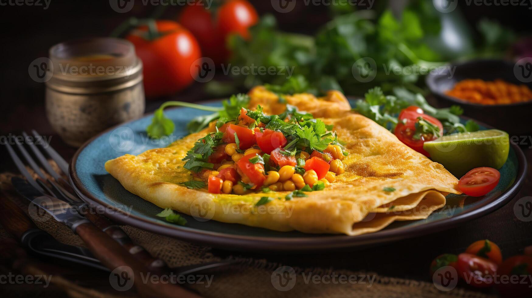 indio garbanzo crepes pudla servido en un plato con Tomates, Lima, cilantro, mezcla ensalada, chile, jengibre, campana pimienta, generativo ai foto