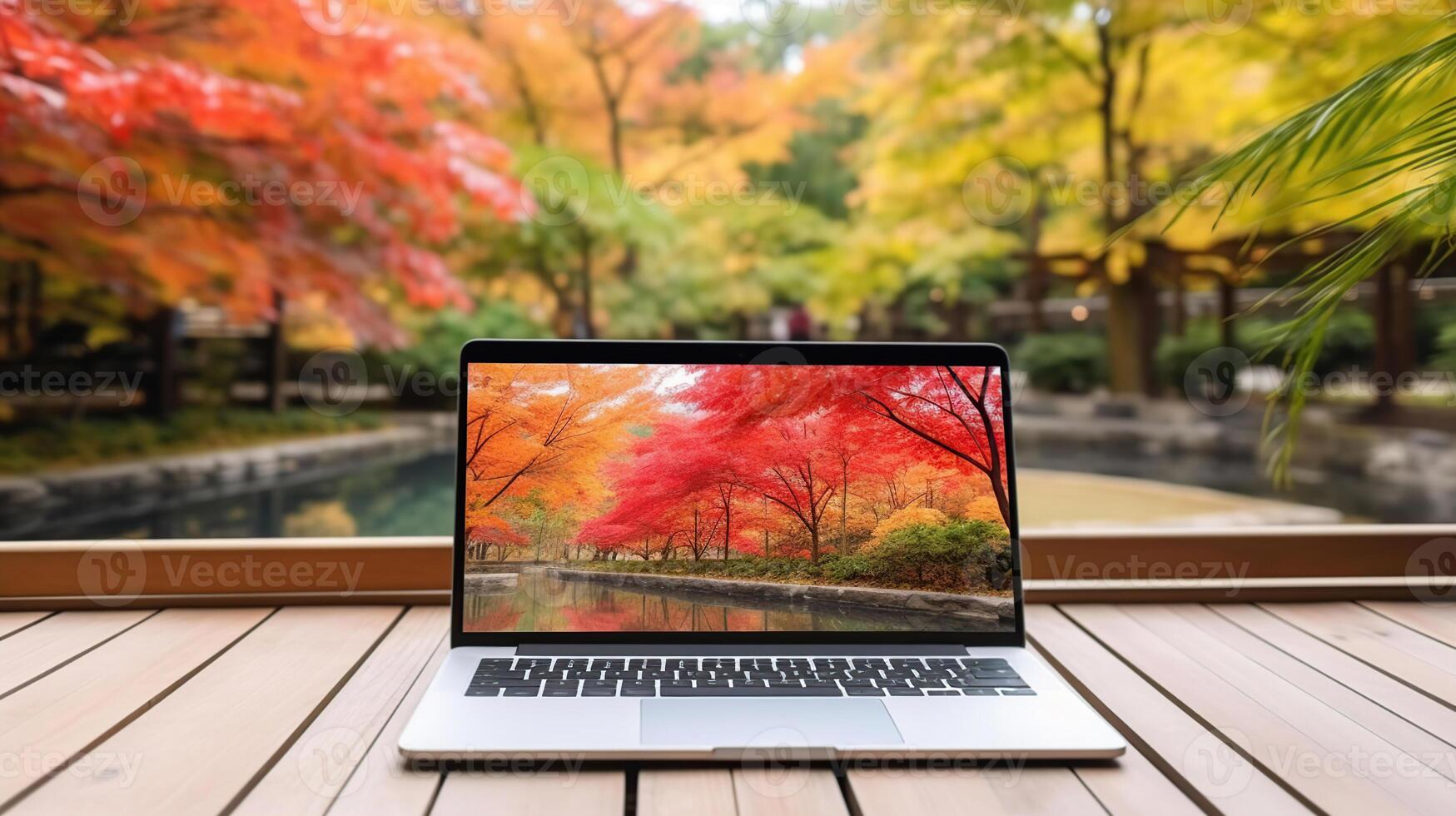 Blank screen laptop computer on terrace with beautiful autumn colorful red and yellow maple leaves background, photo