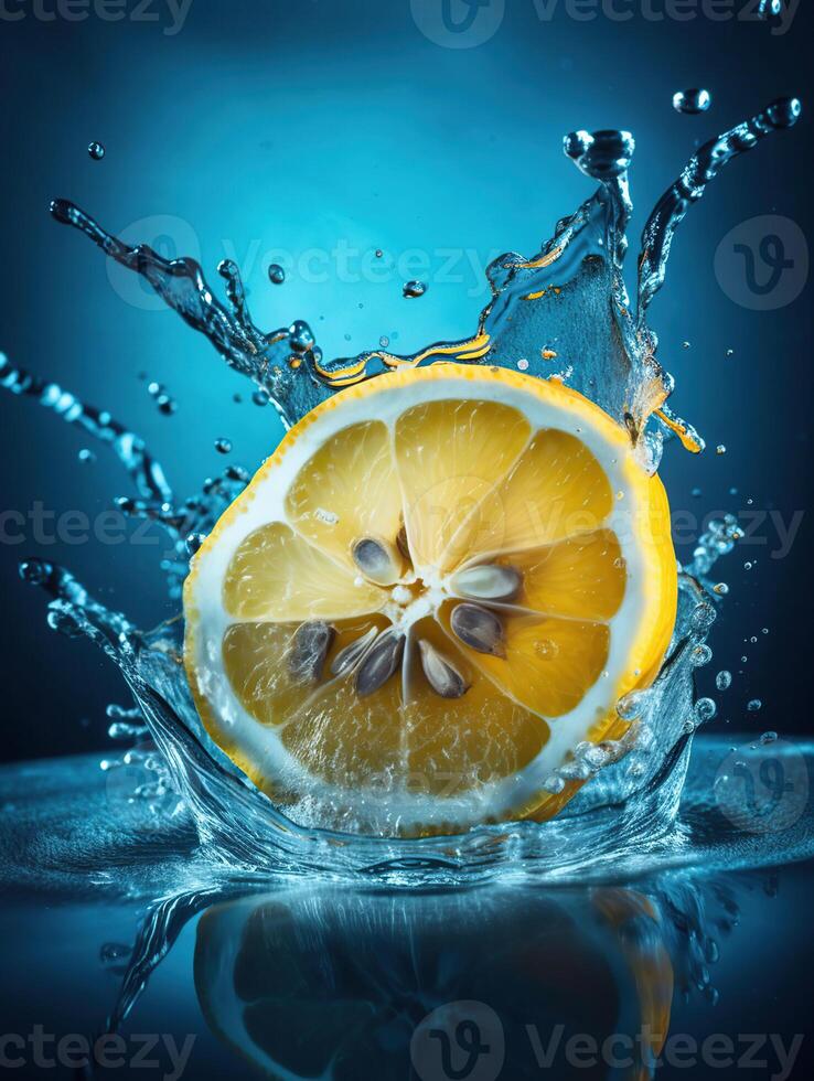 Splash of sliced lemon with water drops over blue background, photo