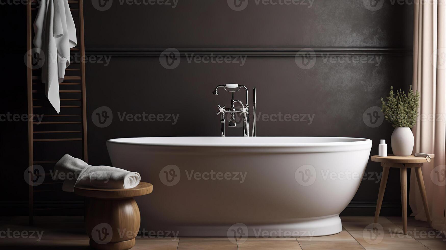 Modern ceramic bathtub with towel near brown wall in room, photo